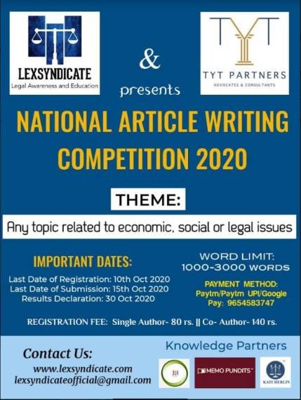 National Article Writing Competition 2020 by LEXSYNDICATE in association with TYT PARTNERS Poster Advocates & Consultants