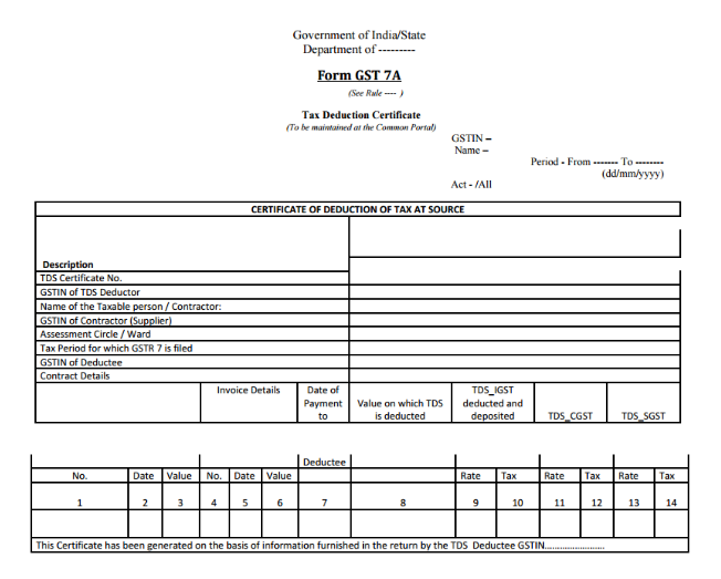 TDS Certificate - FORM GST 7A